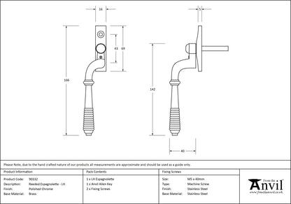 REEDED ESPAGNOLETTE LH 166x16x40 PCP - 90332 by MARCHES (ANVIL) ARCHITECTURAL HARDWARE
