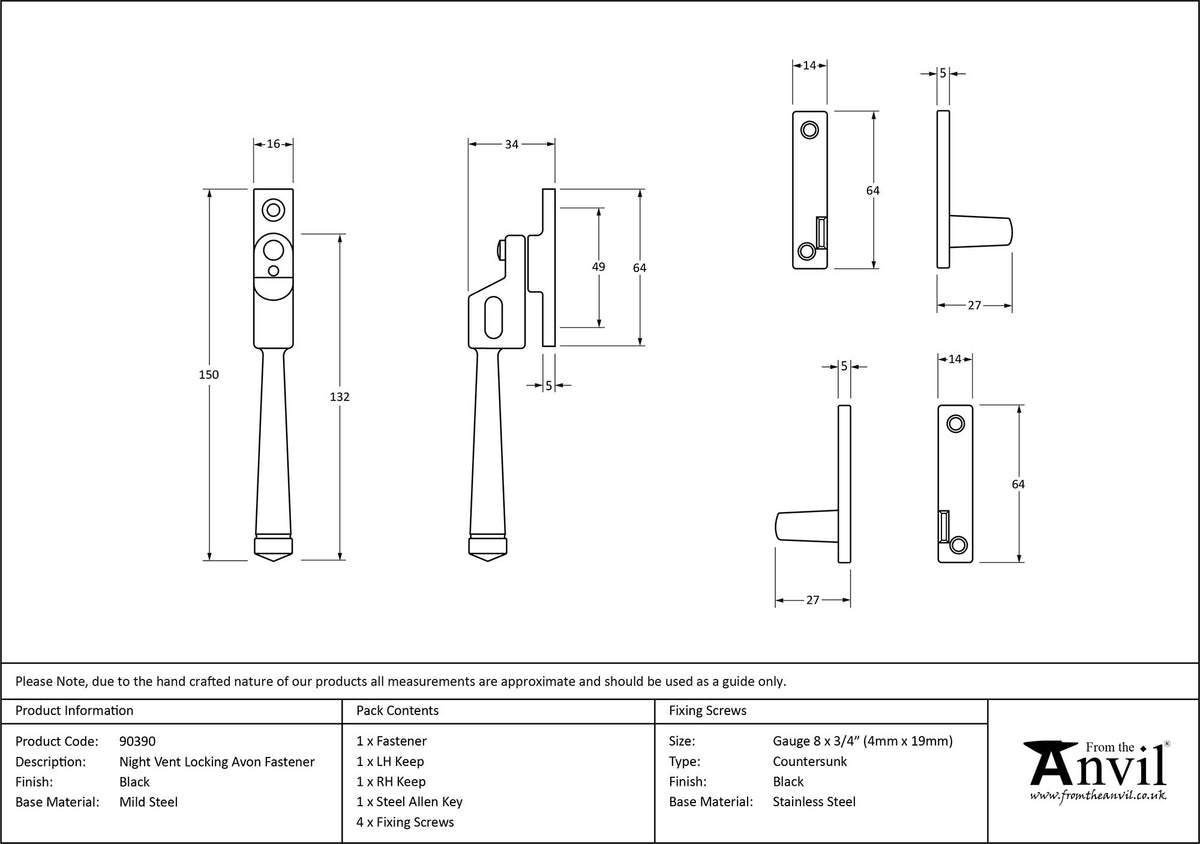 AVON NIGHT-VENT LOCKING FASTENER 150x16x34 BLK - 90390 by MARCHES (ANVIL) ARCHITECTURAL HARDWARE