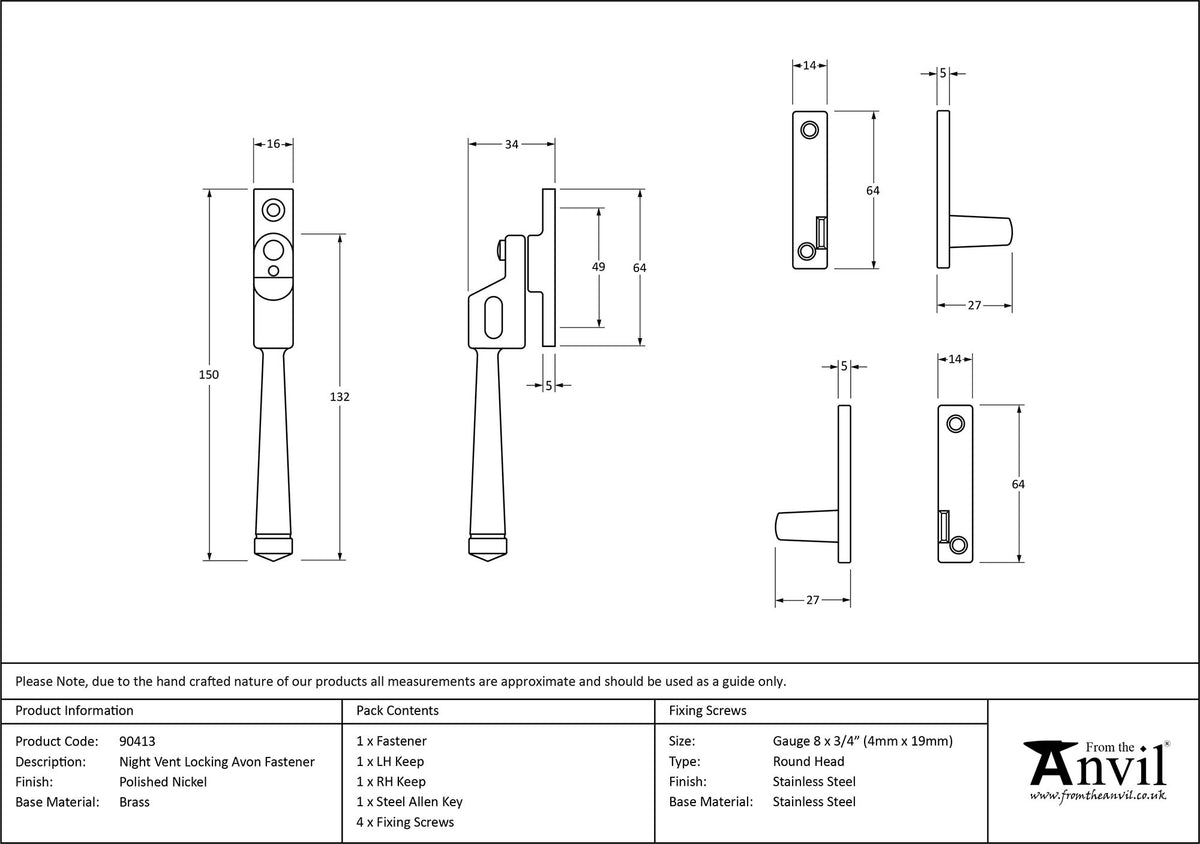 AVON NIGHT-VENT LOCKING FASTENER 150x16x34 PNP - 90413 by MARCHES (ANVIL) ARCHITECTURAL HARDWARE