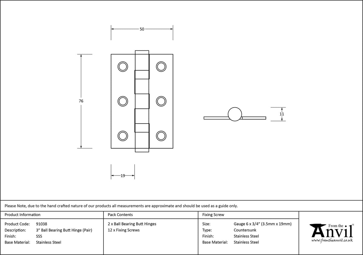 BUTT HINGE BB PR 076x50 SSS - 91038 by MARCHES (ANVIL) ARCHITECTURAL HARDWARE