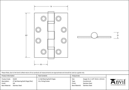 BUTT HINGE BB PR 102x76 SSS - 91039 by MARCHES (ANVIL) ARCHITECTURAL HARDWARE