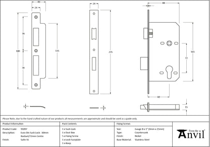 EURO SASH LOCK CENTRE BS60 SSS - 91097 by MARCHES (ANVIL) ARCHITECTURAL HARDWARE
