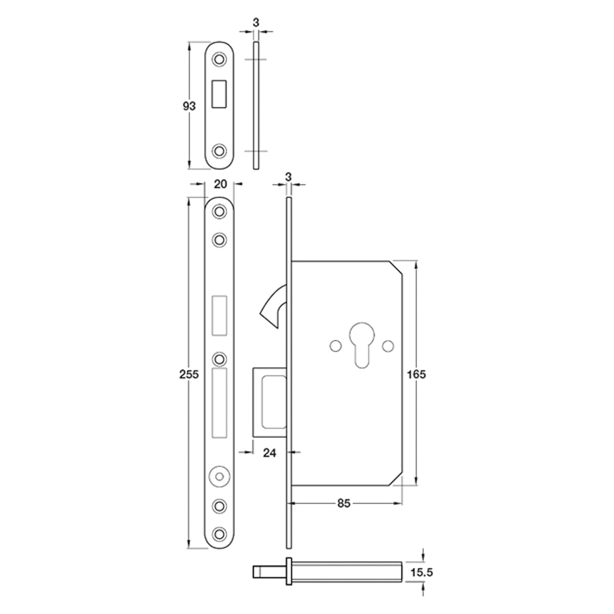 MORTICE CYL SLIDEDOOR LOCK CASE SSS