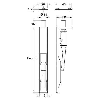 LEVER ACT FLUSH BOLT 19x152 BRS/POL