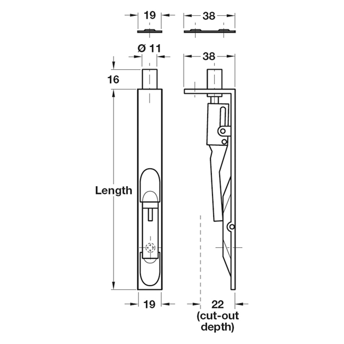 LEVER ACTION FLUSH BOLT 19x203 PBR