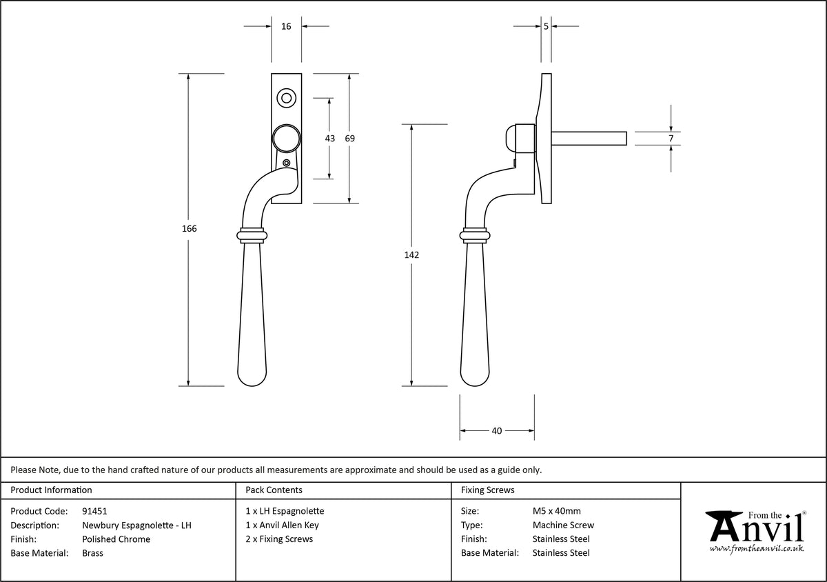 NEWBURY ESPAGNOLETTE LH 166x16x40 PCP - 91451 by MARCHES (ANVIL) ARCHITECTURAL HARDWARE
