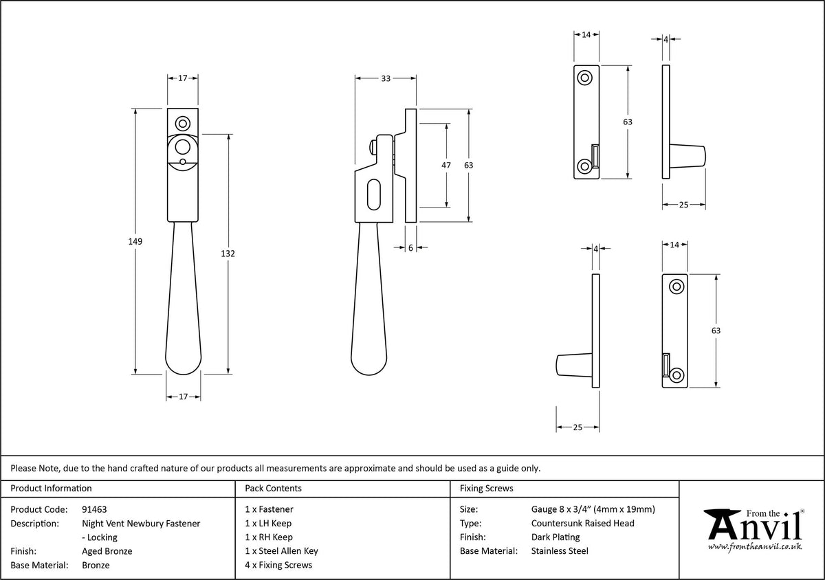 NEWBURY NIGHT VENT FASTENER 149x17x33 AGBZ - 91463 by MARCHES (ANVIL) ARCHITECTURAL HARDWARE