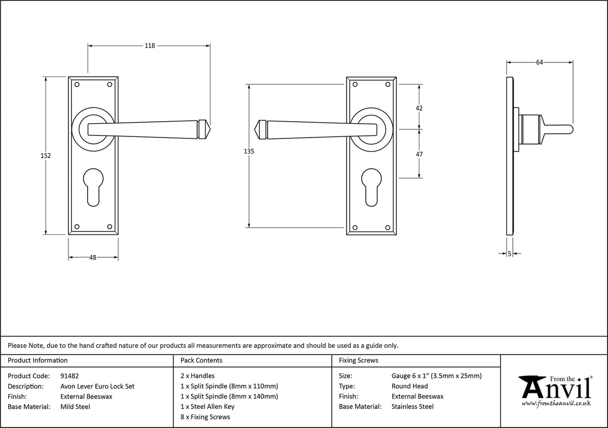 AVON LEVER HANDLE EURO 118x152x64 EBX - 91482 by MARCHES (ANVIL) ARCHITECTURAL HARDWARE