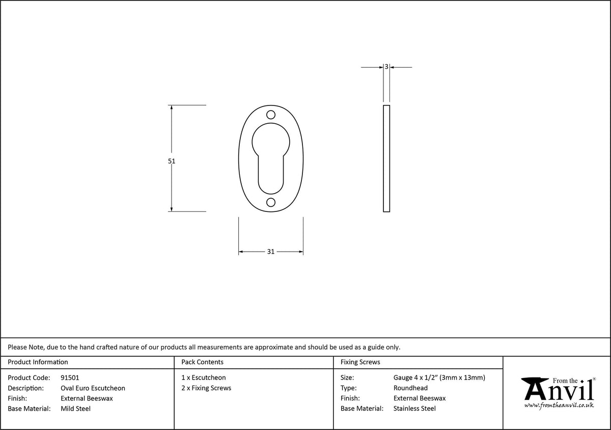 ESCUTCHEON EURO OVAL 51x31x2.5 EBX - 91501 by MARCHES (ANVIL) ARCHITECTURAL HARDWARE