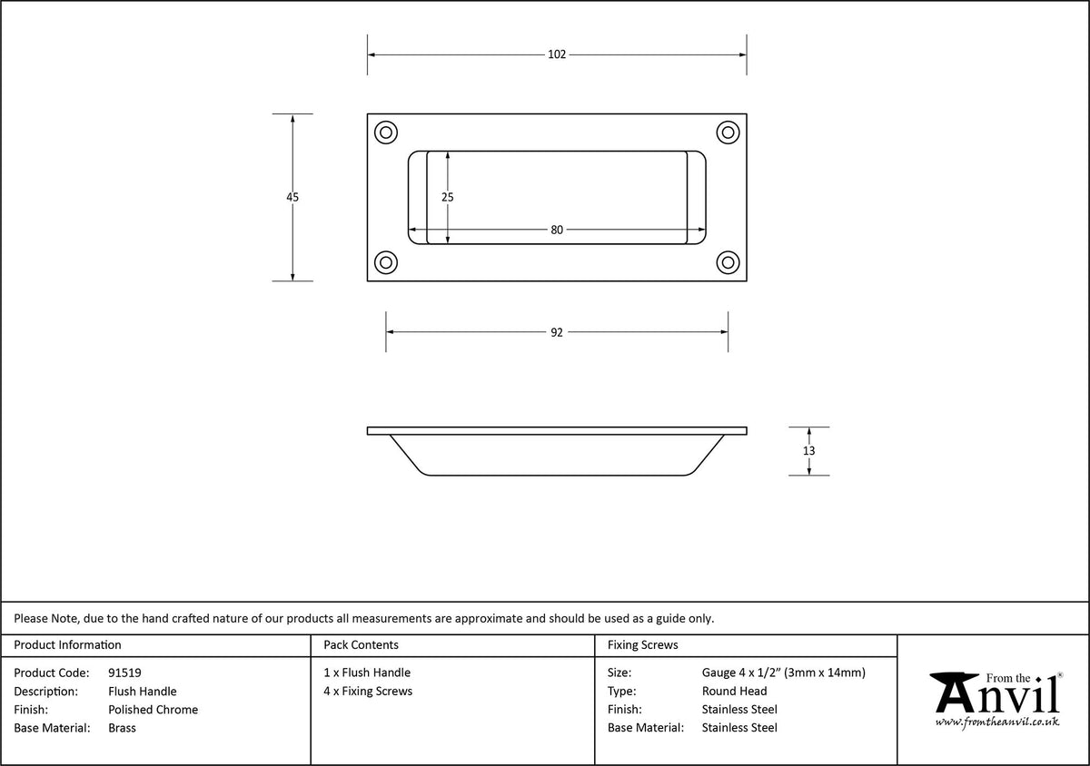 FLUSH PULL HANDLE 102x45x13 PCP - 91519 by MARCHES (ANVIL) ARCHITECTURAL HARDWARE