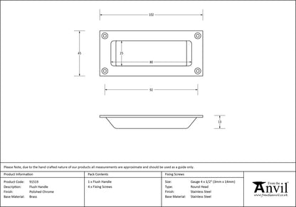 FLUSH PULL HANDLE 102x45x13 PCP - 91519 by MARCHES (ANVIL) ARCHITECTURAL HARDWARE