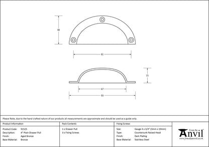 DRAWER PULL PLAIN 81HC 93x40x21 AGBZ - 91525 by MARCHES (ANVIL) ARCHITECTURAL HARDWARE