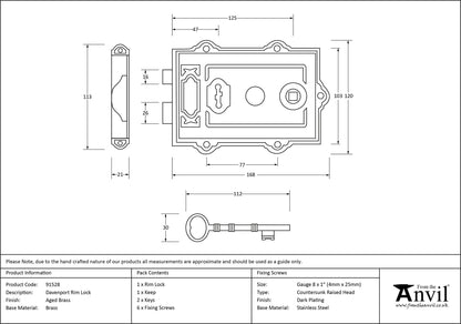 DAVENPORT RIM LOCK 168x123x25 AGBR - 91528 by MARCHES (ANVIL) ARCHITECTURAL HARDWARE