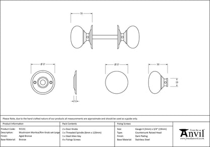 MUSHROOM MORTICE/RIM KNOB 57x55x57 AGBZ - 91531 by MARCHES (ANVIL) ARCHITECTURAL HARDWARE