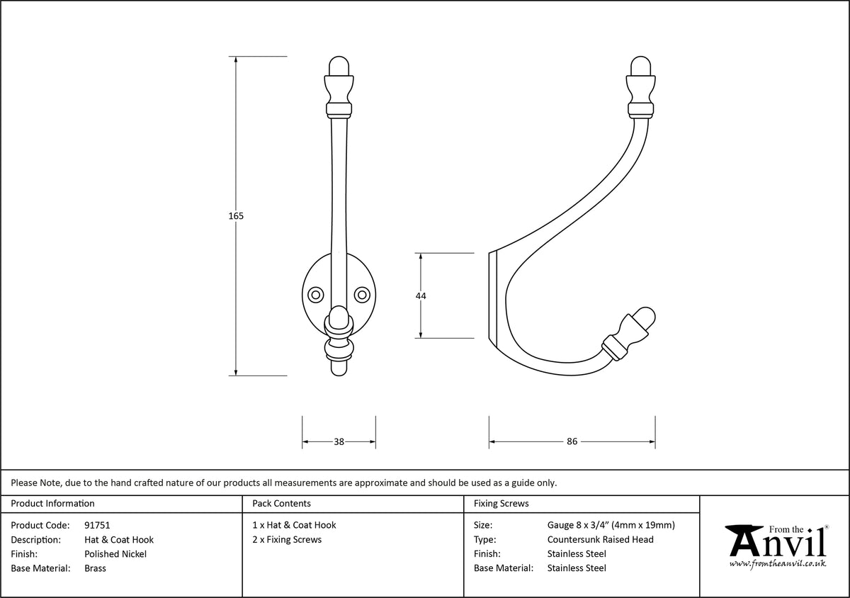 HAT+COAT HOOK 165x38x086 PNP - 91751 by MARCHES (ANVIL) ARCHITECTURAL HARDWARE