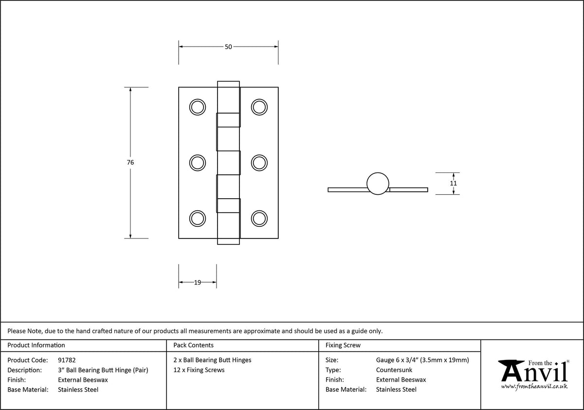 BUTT HINGE BB PR 076x50 EBX - 91782 by MARCHES (ANVIL) ARCHITECTURAL HARDWARE