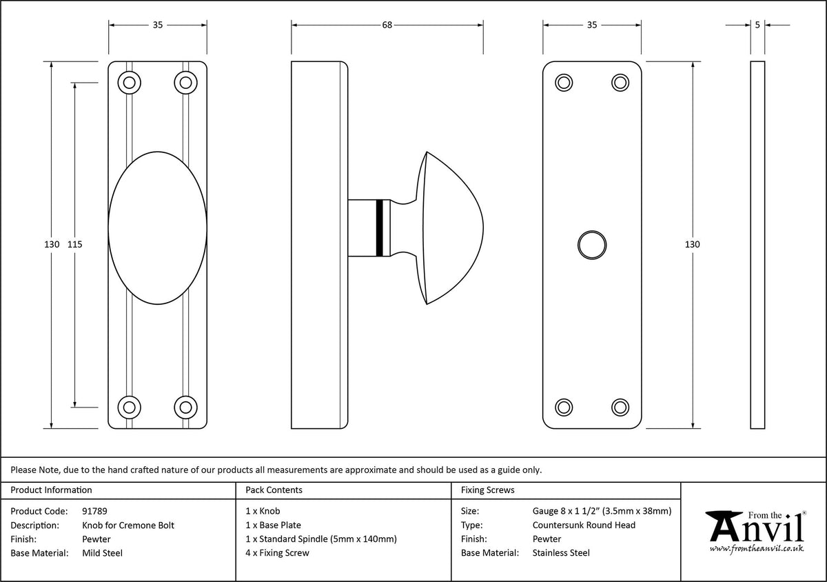 CREMONE BOLT KNOB 130x35 PEW - 91789 by MARCHES (ANVIL) ARCHITECTURAL HARDWARE