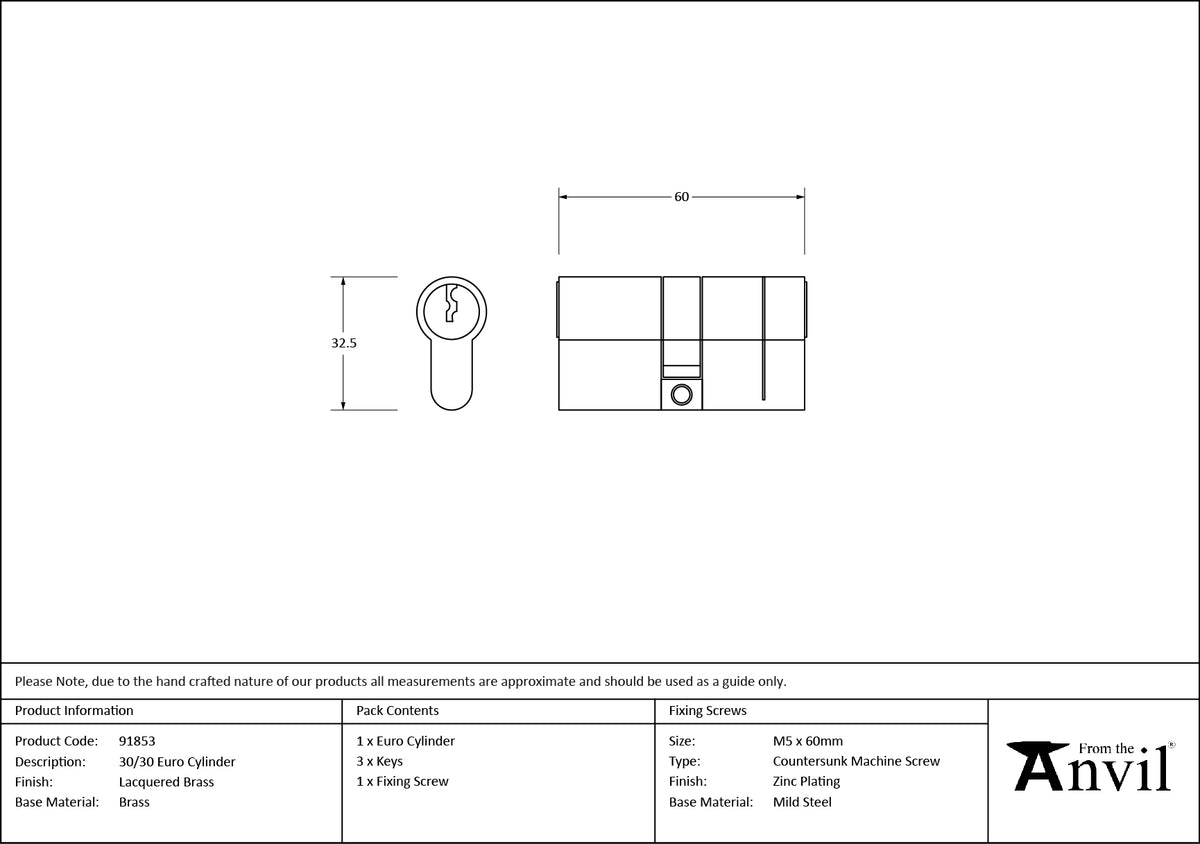 EURO CYLINDER 5PIN DIFFER 30/30 LBR - 91853 by MARCHES (ANVIL) ARCHITECTURAL HARDWARE