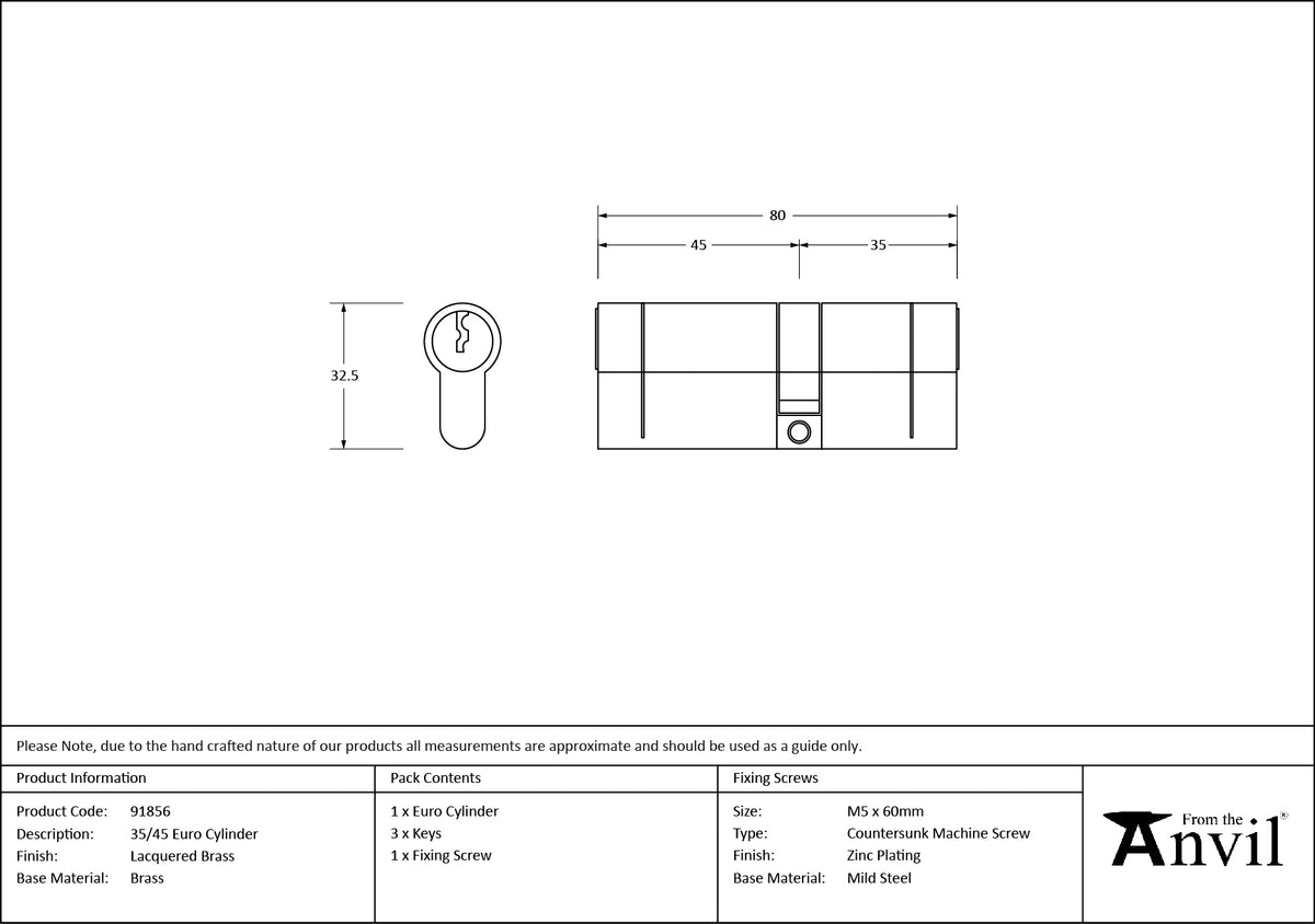 EURO CYLINDER 5PIN DIFFER 35/45 LBR - 91856 by MARCHES (ANVIL) ARCHITECTURAL HARDWARE