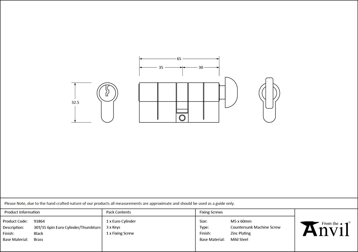 EURO CYLINDER/THUMBTURN 6PIN DIFFER 30T/35 BLK - 91864 by MARCHES (ANVIL) ARCHITECTURAL HARDWARE