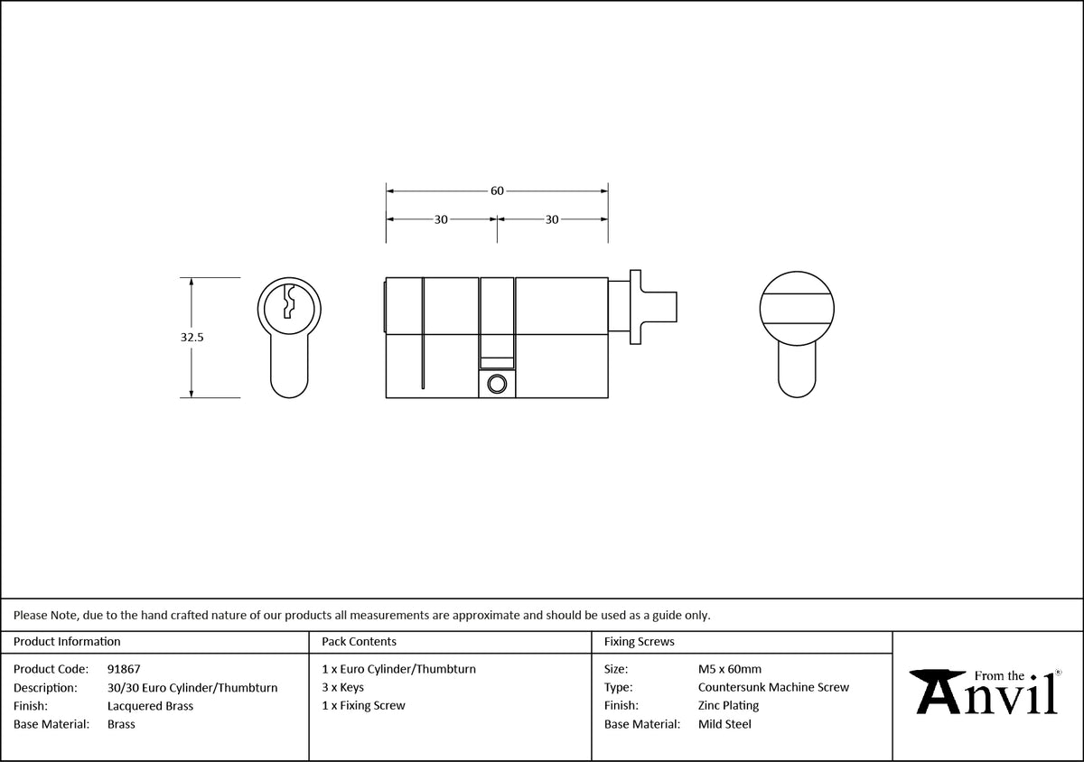 EURO CYLINDER/THUMBTURN 5PIN DIFFER 30/30 LBR - 91867 by MARCHES (ANVIL) ARCHITECTURAL HARDWARE