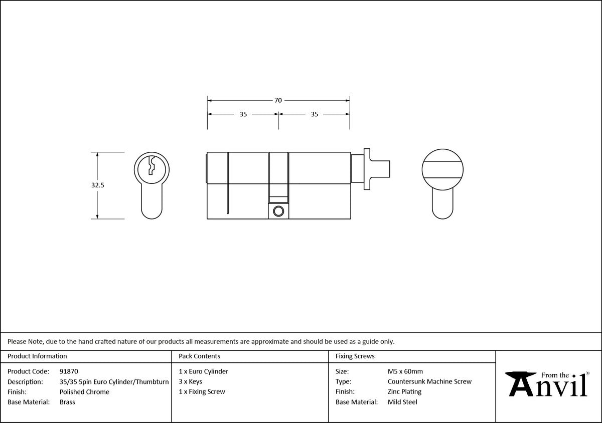 EURO CYLINDER/THUMBTURN 5PIN DIFFER 35/35 PCP - 91870 by MARCHES (ANVIL) ARCHITECTURAL HARDWARE