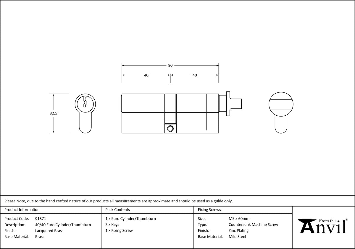 EURO CYLINDER/THUMBTURN 5PIN DIFFER 40/40 LBR - 91871 by MARCHES (ANVIL) ARCHITECTURAL HARDWARE