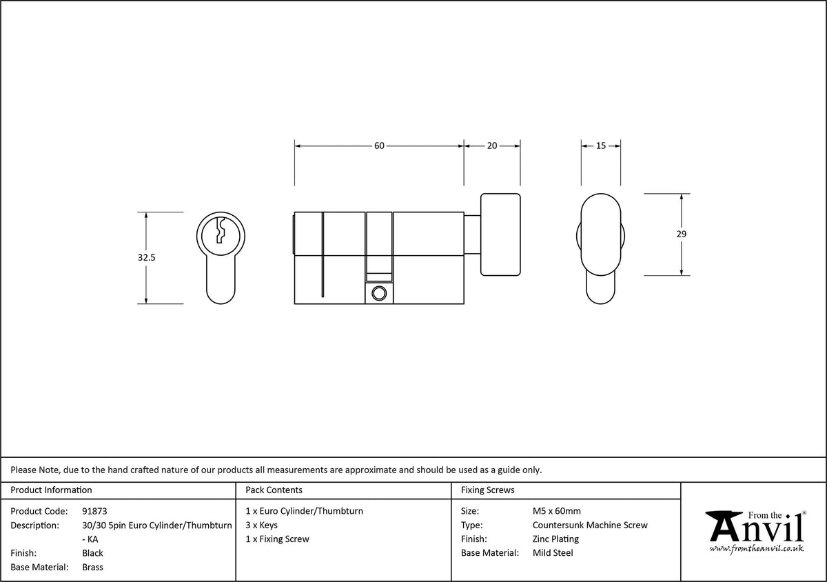 EURO CYLINDER/THUMBTURN 6PIN ALIKE 30/30 BLK - 91873 by MARCHES (ANVIL) ARCHITECTURAL HARDWARE
