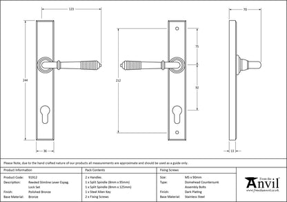REEDED SLIMLINE ESPAGNOLETTE LOCK 123x244x70 PBZ - 91912 by MARCHES (ANVIL) ARCHITECTURAL HARDWARE