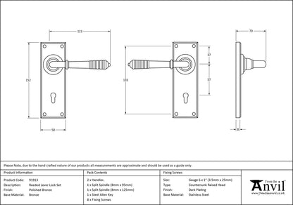 REEDED LEVER HANDLE LOCK 123x152x70 PBZ - 91913 by MARCHES (ANVIL) ARCHITECTURAL HARDWARE