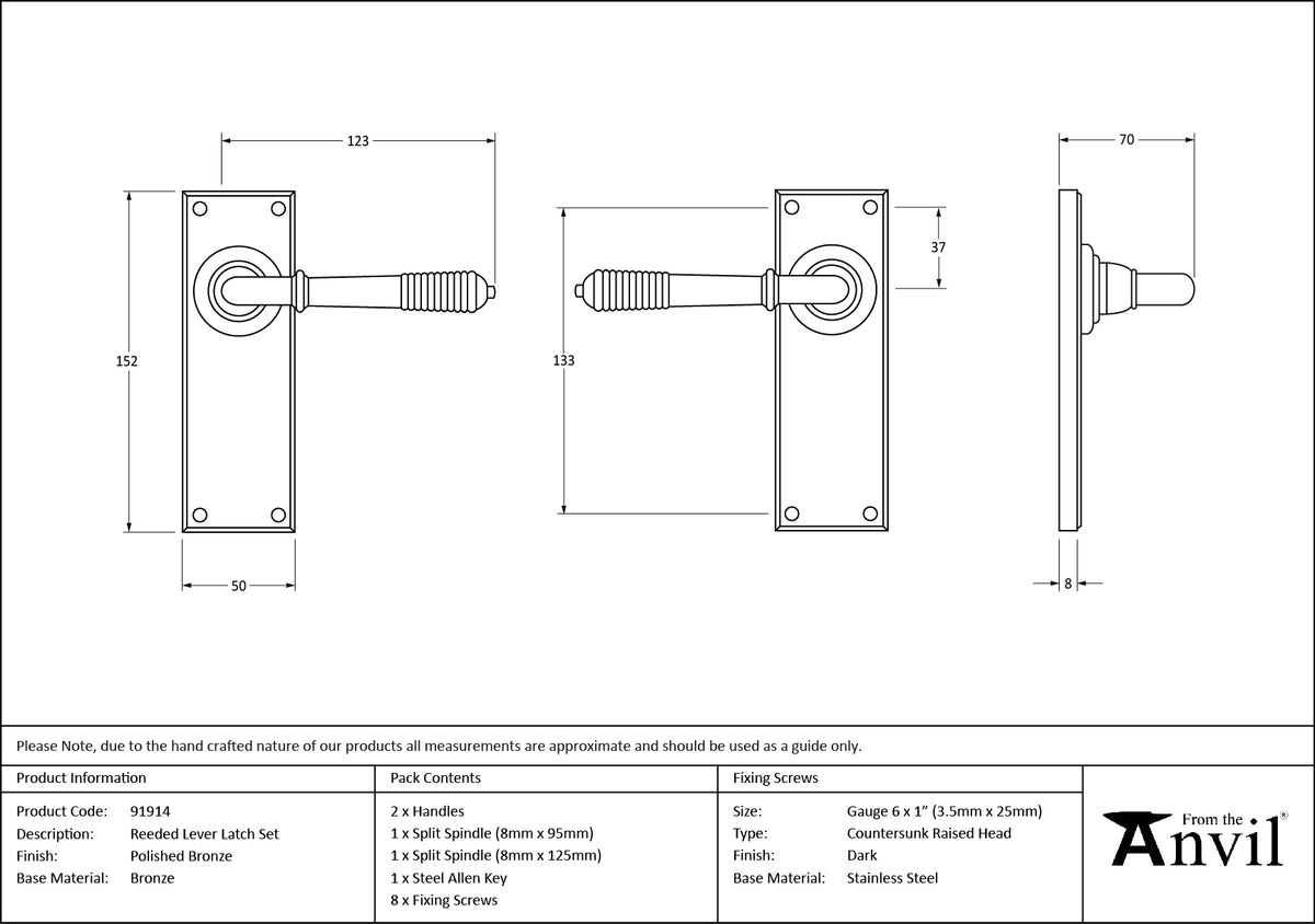 REEDED LEVER HANDLE LATCH 123x152x70 PBZ - 91914 by MARCHES (ANVIL) ARCHITECTURAL HARDWARE