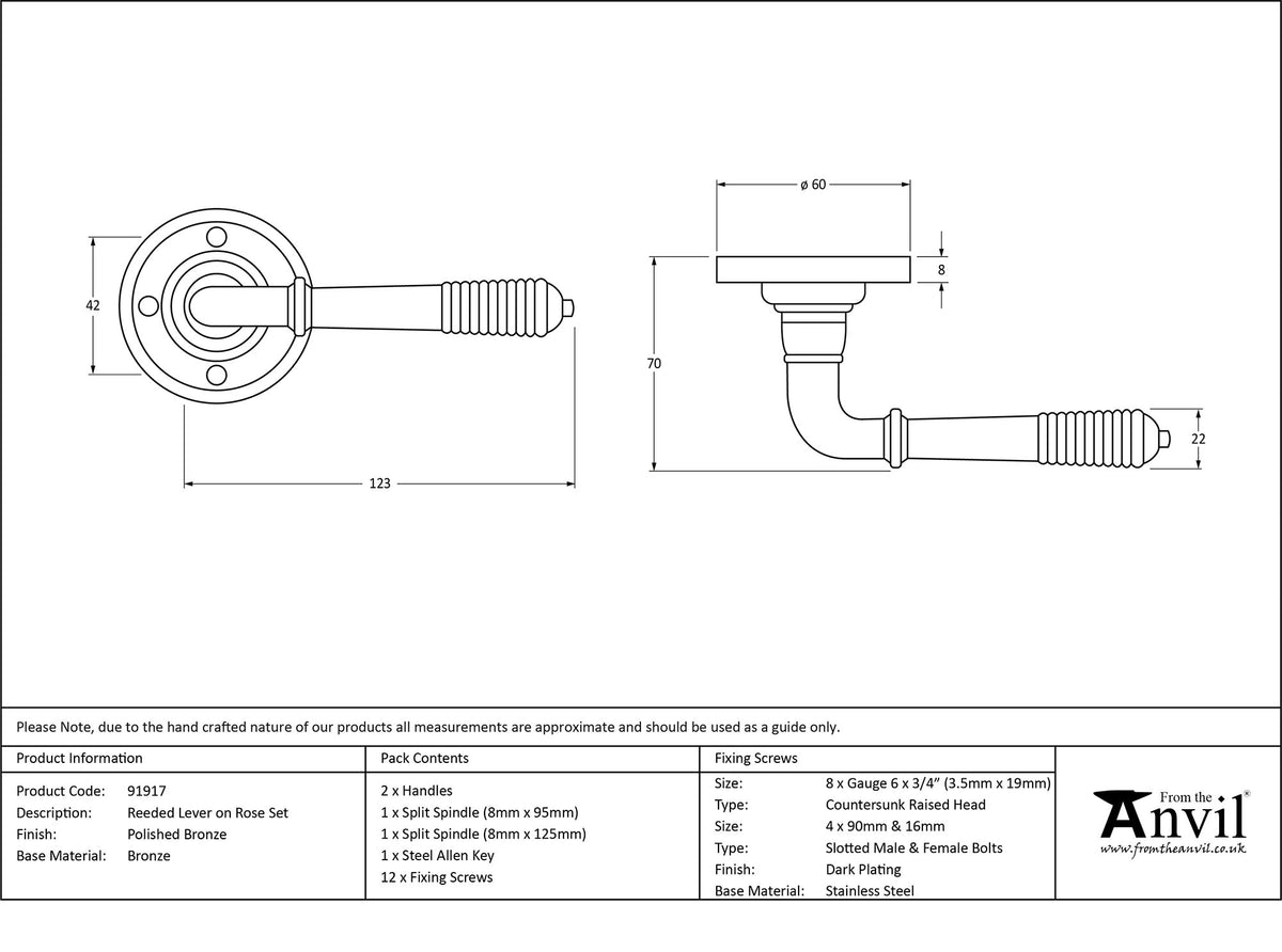 REEDED LEVER HANDLE+ROSE SPR 123x60x70 PBZ - 91917 by MARCHES (ANVIL) ARCHITECTURAL HARDWARE