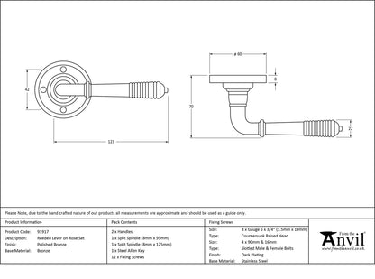 REEDED LEVER HANDLE+ROSE SPR 123x60x70 PBZ - 91917 by MARCHES (ANVIL) ARCHITECTURAL HARDWARE