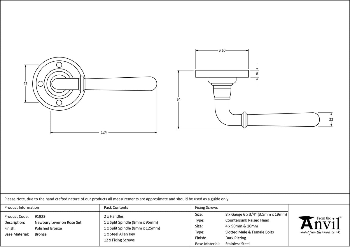 NEWBURY LEVER HANDLE+ROSE SPRUNG 124x60x64 PBZ - 91923 by MARCHES (ANVIL) ARCHITECTURAL HARDWARE