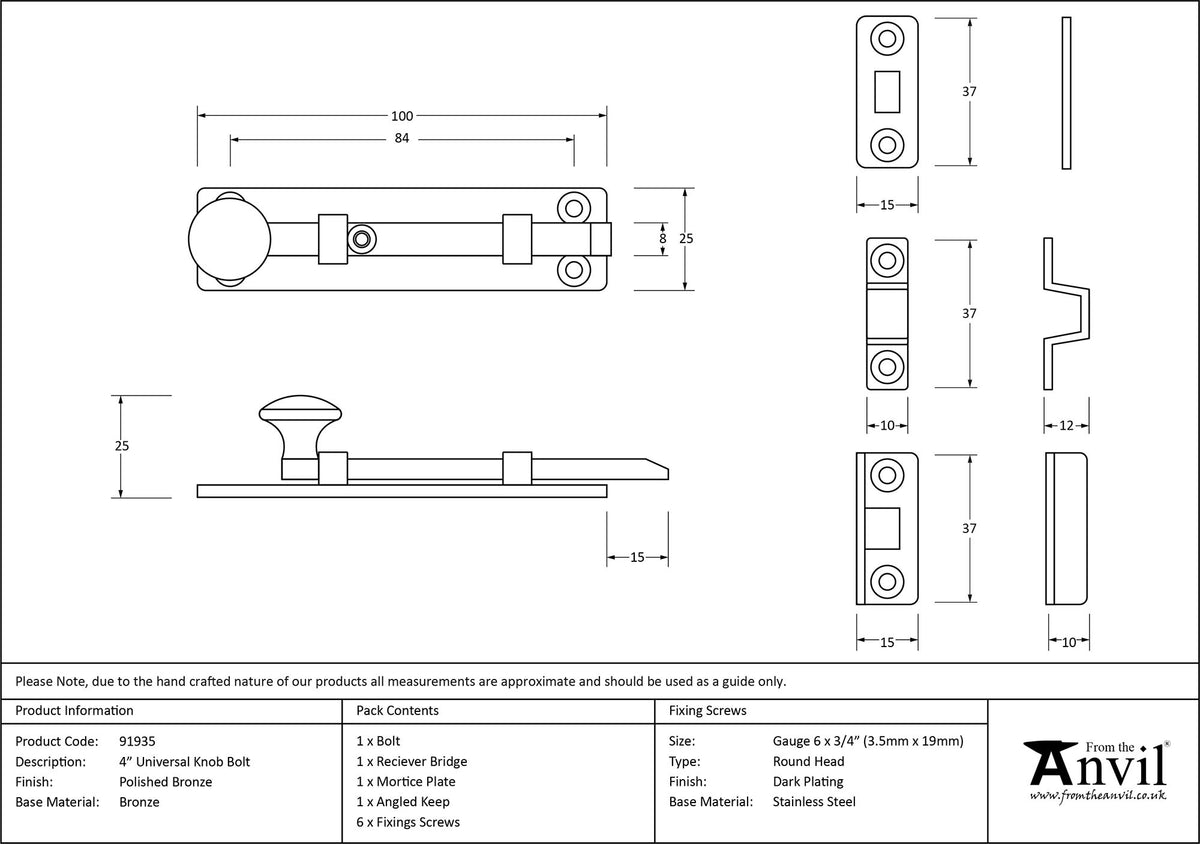 UNIVERSAL KNOB BOLT 100x25x25 PBZ - 91935 by MARCHES (ANVIL) ARCHITECTURAL HARDWARE