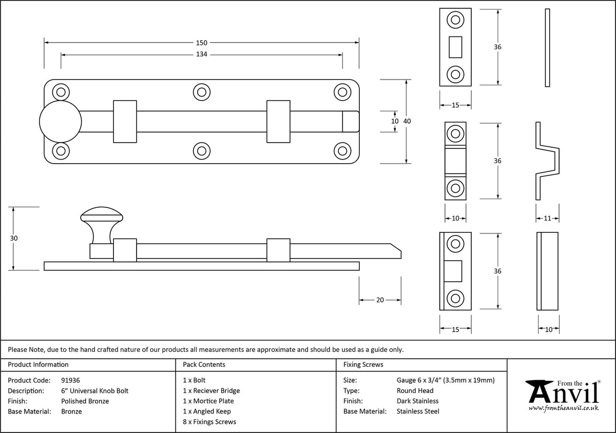 UNIVERSAL KNOB BOLT 150x40x30 PBZ - 91936 by MARCHES (ANVIL) ARCHITECTURAL HARDWARE
