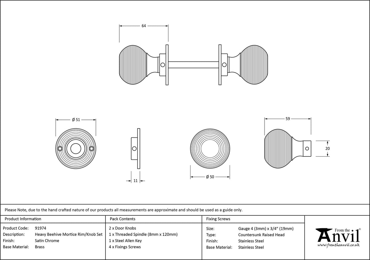 HEAVY BEEHIVE MORTICE/RIM KNOB 50x64x51 SCP - 91974 by MARCHES (ANVIL) ARCHITECTURAL HARDWARE