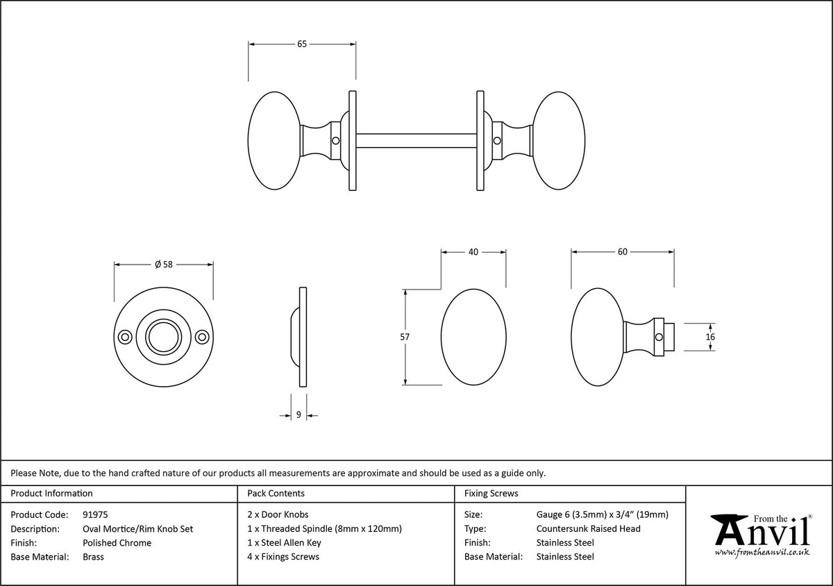 OVAL MORTICE/RIM KNOB 57x65x58 PCP - 91975 by MARCHES (ANVIL) ARCHITECTURAL HARDWARE