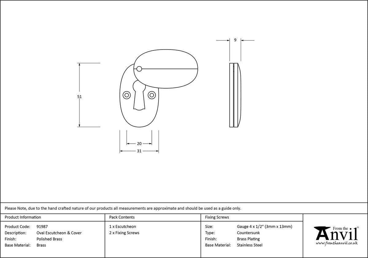 ESCUTCHEON OVAL+COVER51x31x9 PBR - 91987 by MARCHES (ANVIL) ARCHITECTURAL HARDWARE