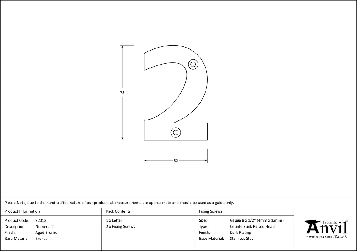 NUMERAL 2 78x52x8 AGBR - 92012 by MARCHES (ANVIL) ARCHITECTURAL HARDWARE