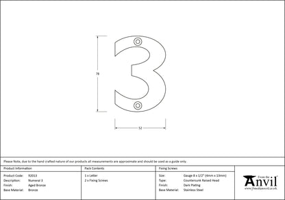 NUMERAL 3 78x52x8 AGBR - 92013 by MARCHES (ANVIL) ARCHITECTURAL HARDWARE