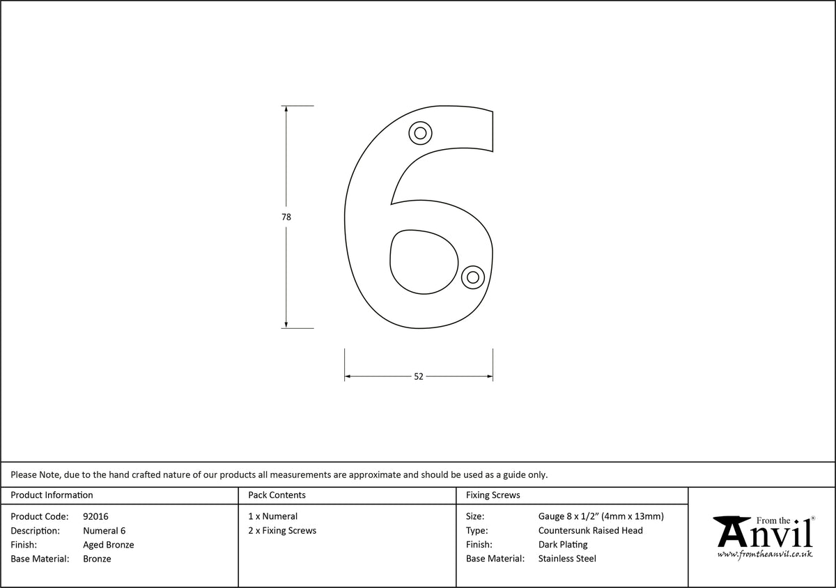 NUMERAL 6 78x52x8 AGBR - 92016 by MARCHES (ANVIL) ARCHITECTURAL HARDWARE