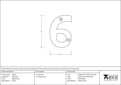 NUMERAL 6 78x52x8 AGBR - 92016 by MARCHES (ANVIL) ARCHITECTURAL HARDWARE