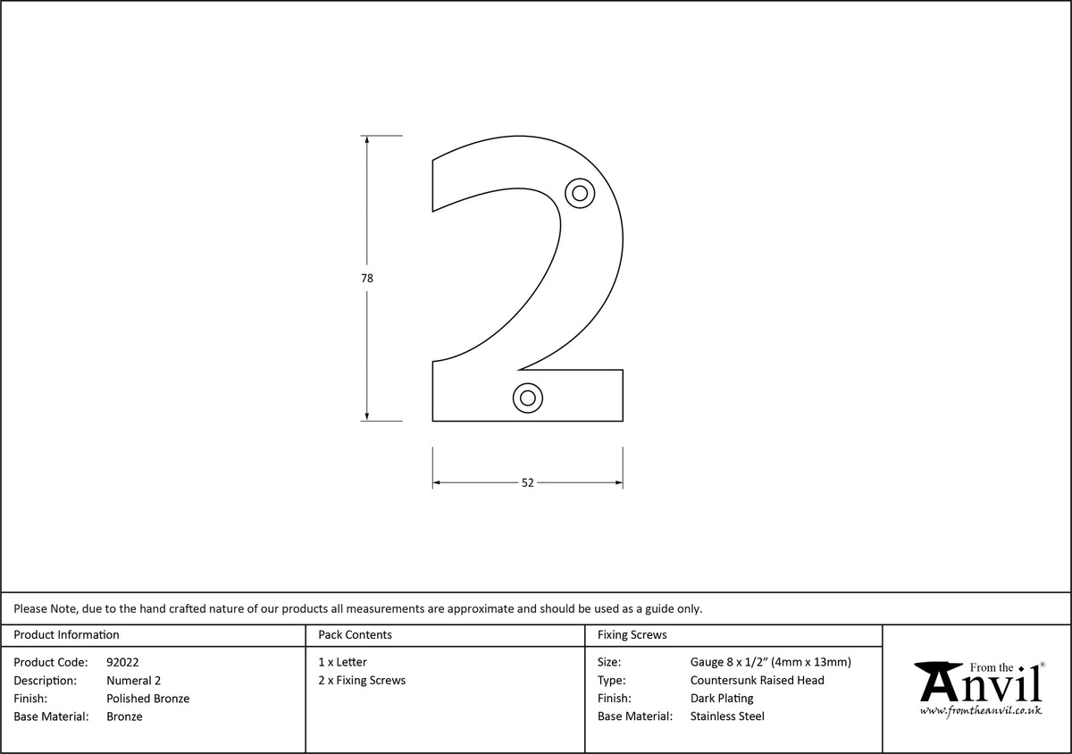 NUMERAL 2 78x52x8 PBZ - 92022 by MARCHES (ANVIL) ARCHITECTURAL HARDWARE