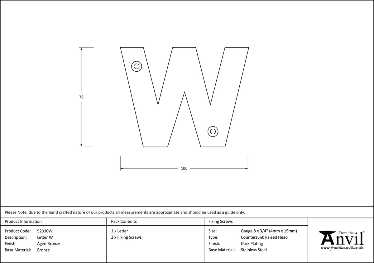 LETTER W 78x100x8 AGBZ - 92030W by MARCHES (ANVIL) ARCHITECTURAL HARDWARE