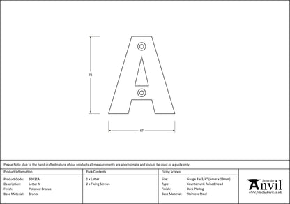 LETTER A 78x67x8 PBZ - 92031A by MARCHES (ANVIL) ARCHITECTURAL HARDWARE