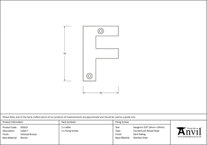 LETTER F 78x50x8 PBZ - 92031F by MARCHES (ANVIL) ARCHITECTURAL HARDWARE