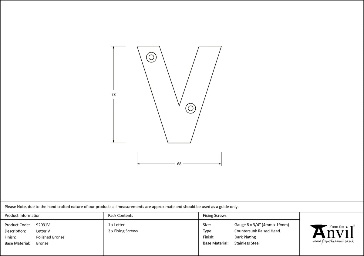 LETTER V 78x68x8 PBZ - 92031V by MARCHES (ANVIL) ARCHITECTURAL HARDWARE