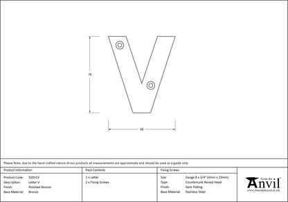LETTER V 78x68x8 PBZ - 92031V by MARCHES (ANVIL) ARCHITECTURAL HARDWARE