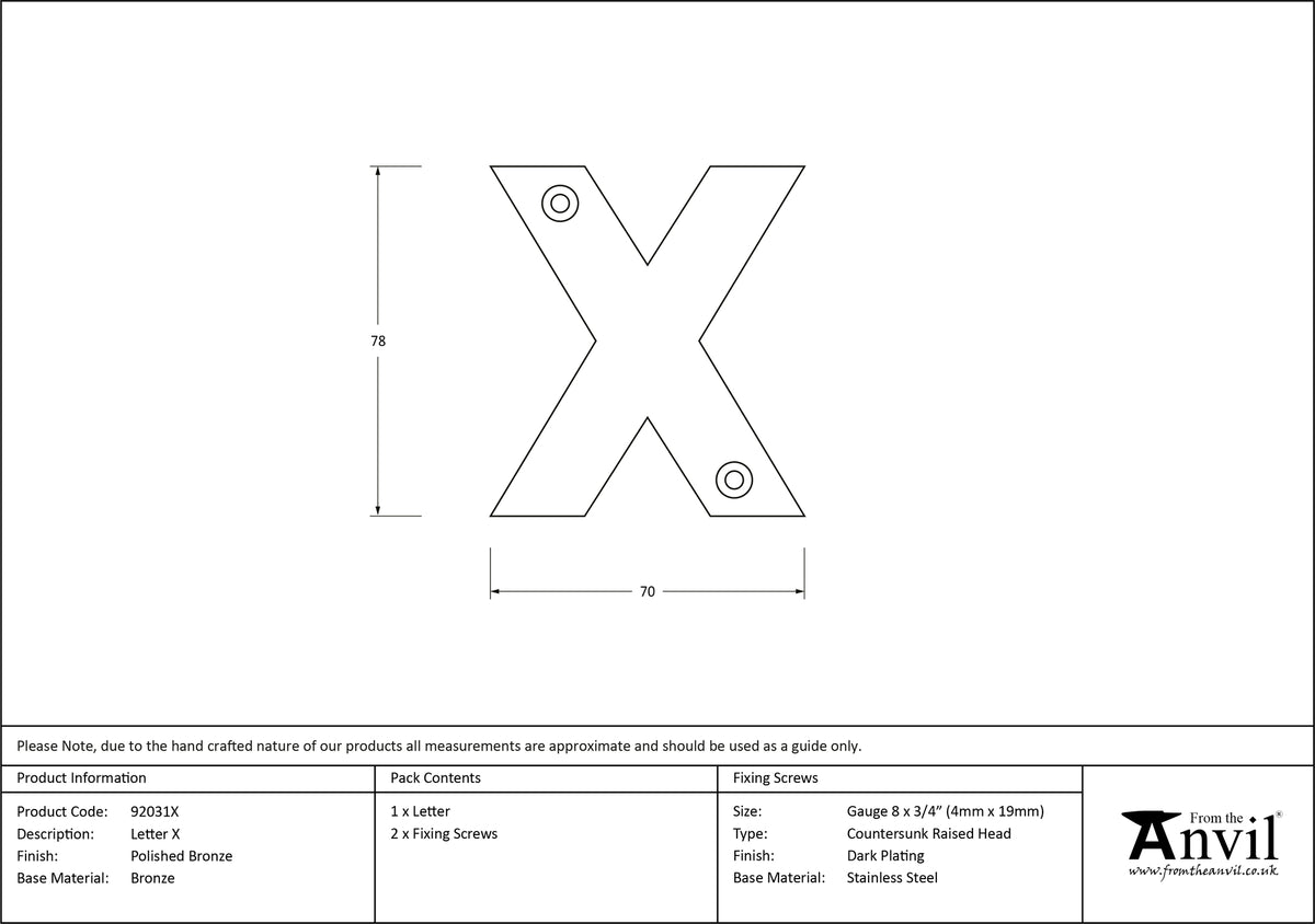 LETTER X 78x70x8 PBZ - 92031X by MARCHES (ANVIL) ARCHITECTURAL HARDWARE